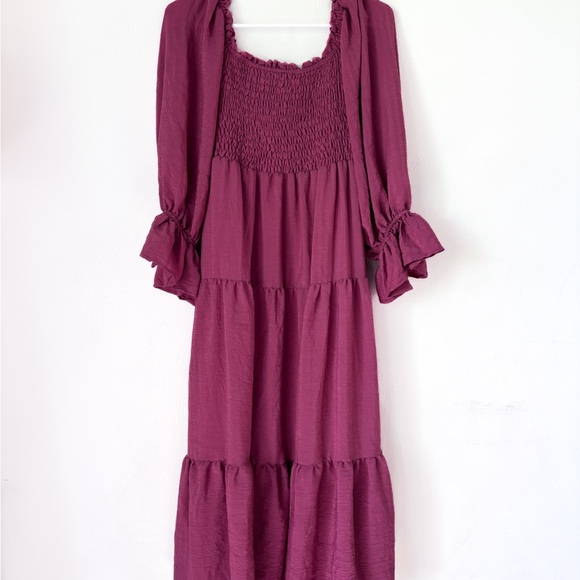 &Merci Smocked Midi Dress Ruffle Bow Square Neck Puff Sleeve Dark Mauve - Picture 2 of 8